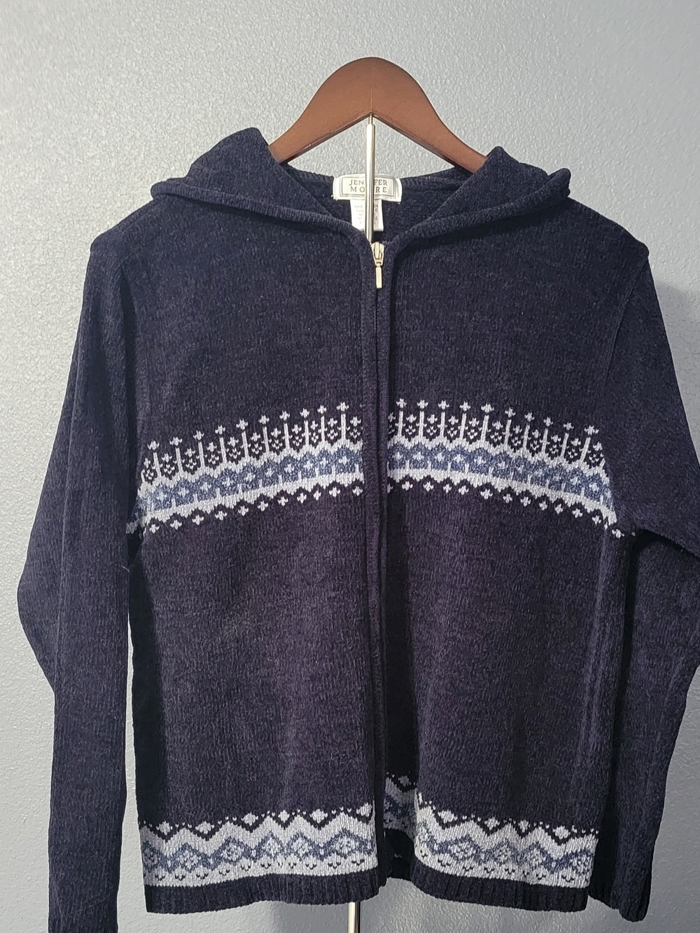 Jennifer Moore Women's Knit Zip Hoodie in Blue & White Size Medium